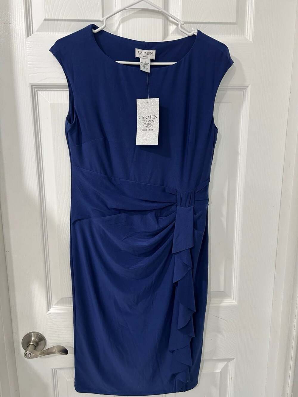 Carmen Marc Valvo Blue Sleeveless Ruched Ruffle Sheath Dress Size S NWT